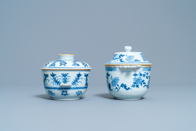 Two Chinese blue and white porringer bowls and covers, Kangxi