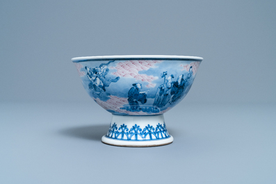 A Chinese blue, white and copper red stem bowl with immortals, Republic