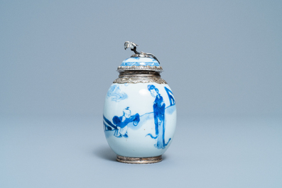 A Chinese blue and white tea caddy with Dutch silver mounts, Kangxi