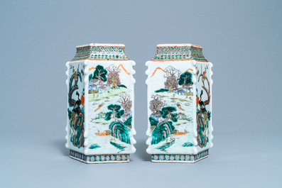 A pair of Chinese famille verte lozenge-shaped vases, 19th C.