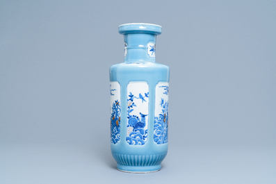 A Chinese blue, white and copper red lavender blue-ground rouleau vase, 19/20th C.