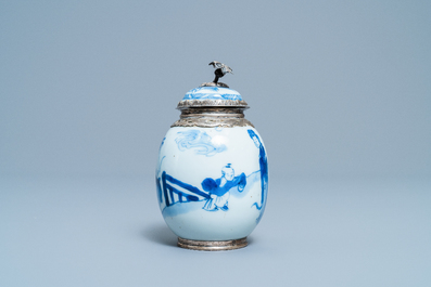 A Chinese blue and white tea caddy with Dutch silver mounts, Kangxi