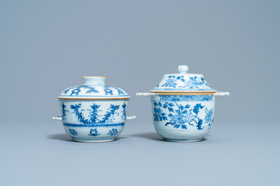 Two Chinese blue and white porringer bowls and covers, Kangxi