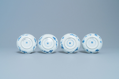 Four Chinese blue and white cups and saucers and three large cups, Kangxi/Qianlong