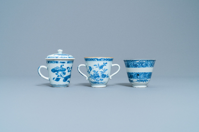 Four Chinese blue and white cups and saucers and three large cups, Kangxi/Qianlong