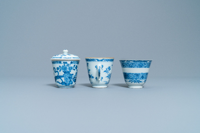 Four Chinese blue and white cups and saucers and three large cups, Kangxi/Qianlong