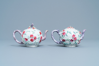 A pair of Chinese famille rose relief-decorated teapots with floral design, Yongzheng