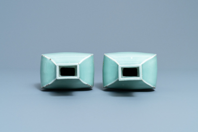 A pair of Chinese monochrome celadon vases with gilt bronze mounts, 18/19th C.