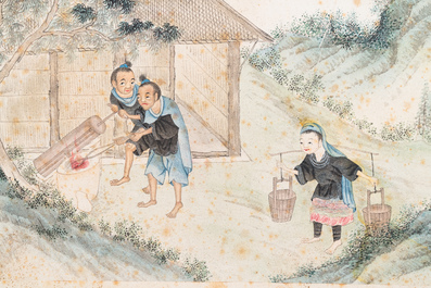 Ecole chinoise, encre et couleurs sur papier, 19&egrave;me: 'Deux sc&egrave;nes aux figures dans un paysage'