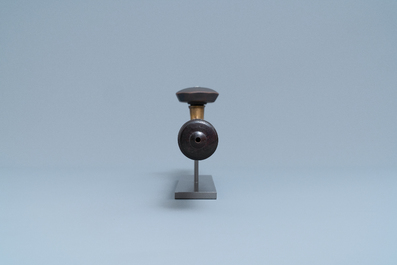 A Chinese tie li mu, paktong metal and Yixing stoneware opium pipe, 19th C.