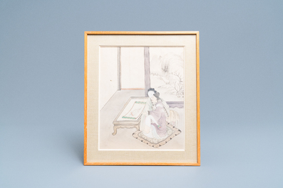 Ecole chinoise, encre et couleurs sur papier, 19&egrave;me: 'Sc&egrave;ne &eacute;rotique'