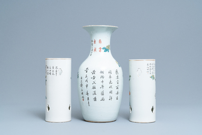 Two Chinese qianjiang cai hat stands and a vase with antiquities, 19/20th C.