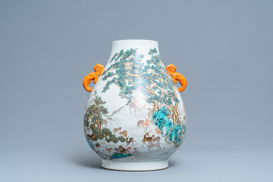 A Chinese famille rose '100 deer' vase, Qianlong mark, 20th C.