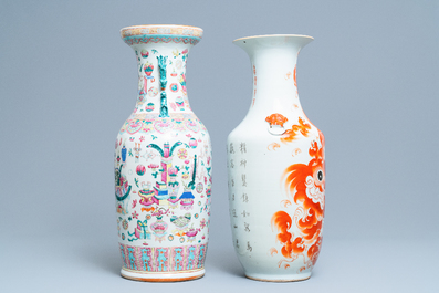 Un vase en porcelaine de Chine famille rose et un en rouge de fer, 19/20&egrave;me