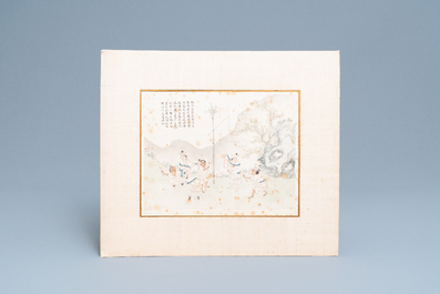 Ecole chinoise, encre et couleurs sur papier, 19&egrave;me: 'Deux sc&egrave;nes aux figures dans un paysage'