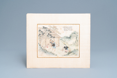 Ecole chinoise, encre et couleurs sur papier, 19&egrave;me: 'Deux sc&egrave;nes aux figures dans un paysage'