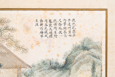 Ecole chinoise, encre et couleurs sur papier, 19&egrave;me: 'Deux sc&egrave;nes aux figures dans un paysage'