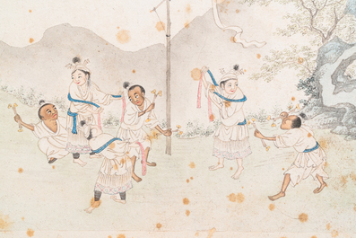 Ecole chinoise, encre et couleurs sur papier, 19&egrave;me: 'Deux sc&egrave;nes aux figures dans un paysage'