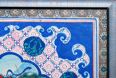 Ecole chinoise de Canton, encre et couleurs sur papier, 19&egrave;me: 'Deux cavali&egrave;res en bataille'