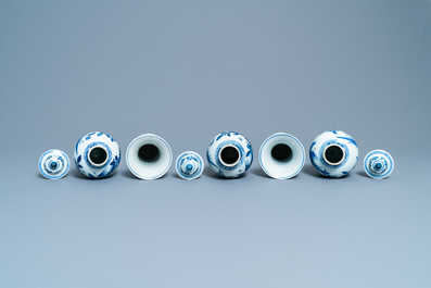 A Chinese blue and white five-piece garniture, Kangxi