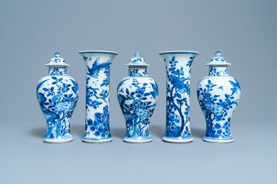A Chinese blue and white five-piece garniture, Kangxi
