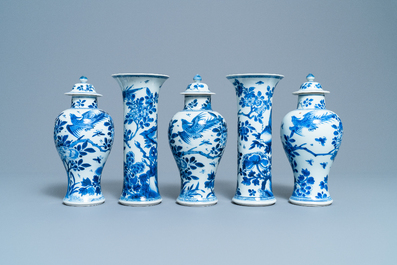 A Chinese blue and white five-piece garniture, Kangxi