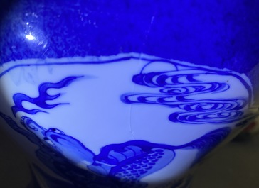 A Chinese blue and white powder blue-ground vase, Kangxi