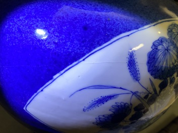 A Chinese blue and white powder blue-ground vase, Kangxi