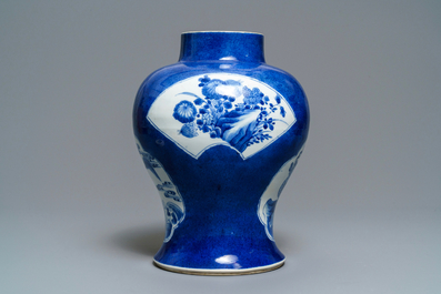A Chinese blue and white powder blue-ground vase, Kangxi