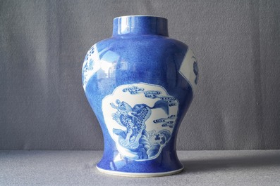 A Chinese blue and white powder blue-ground vase, Kangxi