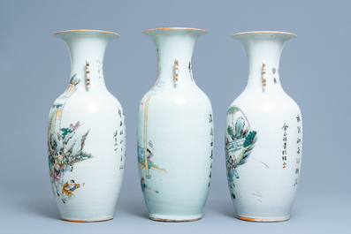 Three Chinese famille rose vases with boys near fish bowls, 19/20th C.