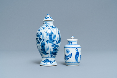Two small Chinese blue and white 'Long Eliza' vases and covers, Kangxi