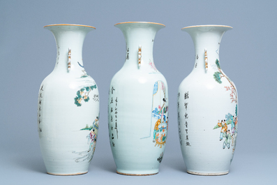 Three Chinese famille rose vases with boys near fish bowls, 19/20th C.