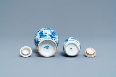 Two small Chinese blue and white 'Long Eliza' vases and covers, Kangxi