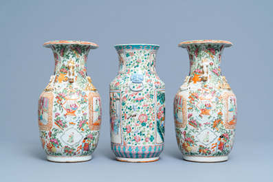 A pair of Chinese Canton famille rose vases and a single vase, 19th C.