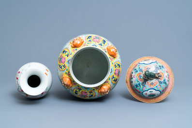 A Chinese famille rose covered vase and a vase with birds and peaches, 19/20th C.