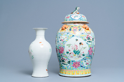 A Chinese famille rose covered vase and a vase with birds and peaches, 19/20th C.