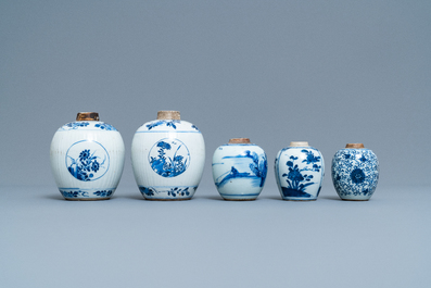 Five Chinese blue and white jars, Kangxi