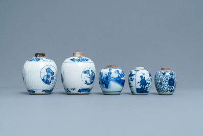 Five Chinese blue and white jars, Kangxi