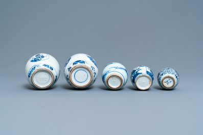 Five Chinese blue and white jars, Kangxi