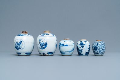 Five Chinese blue and white jars, Kangxi