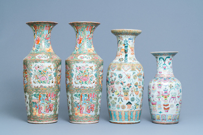 A pair of Chinese Canton famille rose vases and two single vases, 19th C.