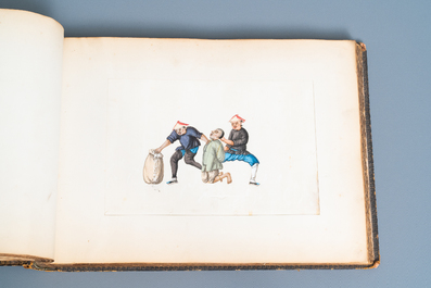 Ecole chinoise de Canton, encre et couleurs sur papier, 19&egrave;me: album de 29 paysages et sc&egrave;nes de punitions