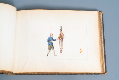 Ecole chinoise de Canton, encre et couleurs sur papier, 19&egrave;me: album de 29 paysages et sc&egrave;nes de punitions