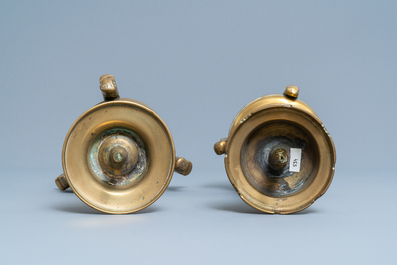Two Flemish or Dutch bronze candlesticks, 15/16th C.