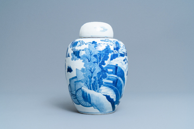 A Chinese blue and white covered jar with figures in a landscape, 19th C.