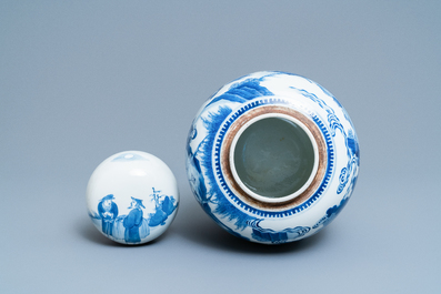 A Chinese blue and white covered jar with figures in a landscape, 19th C.
