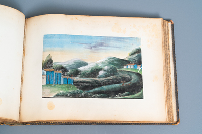 Ecole chinoise de Canton, encre et couleurs sur papier, 19&egrave;me: album de 29 paysages et sc&egrave;nes de punitions