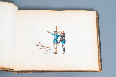 Ecole chinoise de Canton, encre et couleurs sur papier, 19&egrave;me: album de 29 paysages et sc&egrave;nes de punitions