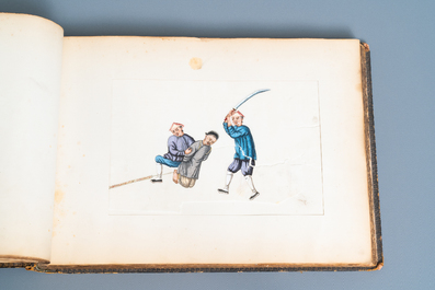 Ecole chinoise de Canton, encre et couleurs sur papier, 19&egrave;me: album de 29 paysages et sc&egrave;nes de punitions